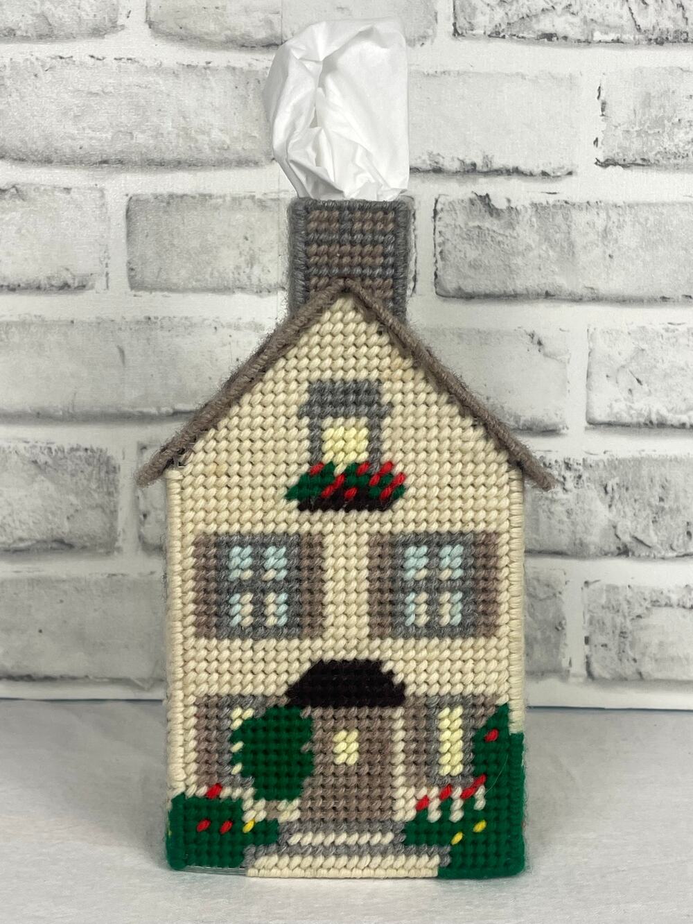 Vintage Needlepoint Tissue Box Cover House Cottage Plastic Canvas Handmade Craft